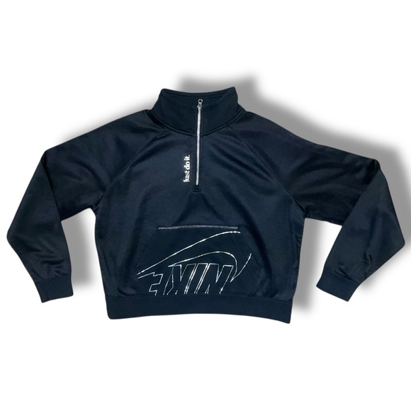🔥 Nike Women’s Half-Zip Pullover Sweatshirt Black M Just Do It Cropped Fit - Picture 1 of 4